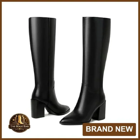 Women's Knee-High Boots Pointed Toe Block Heel Zipper Retro Fashion - Picture 7 of 8